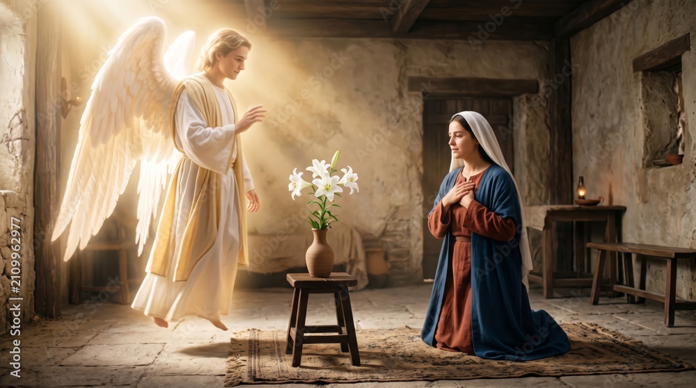 Obraz premium Angel Gabriel appearing to young woman Mary in interior. Biblical scene of Annunciation. Concept of religious faith, divine message, holy miracle, christianity, spirituality, light.