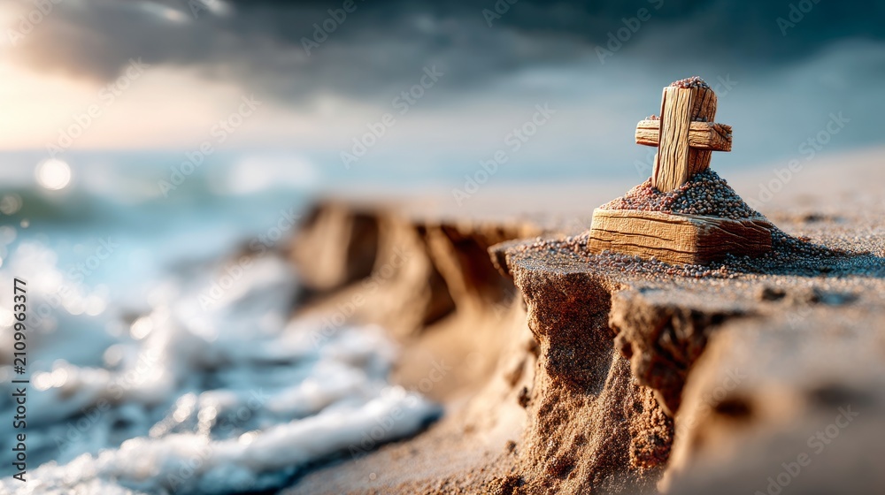 Fototapeta premium Small Wooden Cross on Sandy Cliff with Ocean Waves in Background