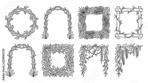 Tropical leaf frames and jungle vine borders in sketch style set.