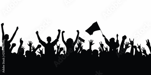 Fotografija Crowd Silhouette With Raised Arms And Flag Black On White Background