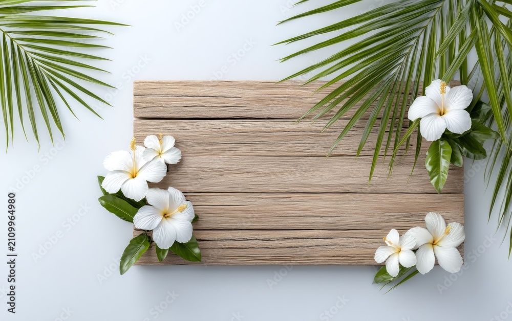 Obraz premium Tropical palm leaves and white flower decoration on wooden board background