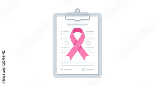 Pink ribbon on medical document clipboard for breast cancer awareness and support