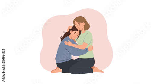 Two women embracing with comfort and support, one kneeling and the other standing