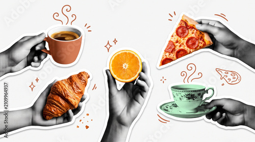 Pop art halftone collage featuring cutout hands holding coffee, croissant, orange, pizza slice and tea. Trendy grunge scrapbook stickers with hand-drawn doodle elements for breakfast and food.