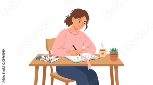 Young woman writing in a journal at a desk with a coffee cup and plant