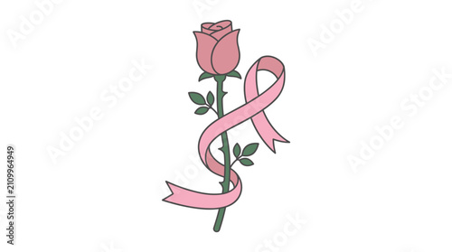 Pink Rose with Breast Cancer Awareness Ribbon Vector Illustration