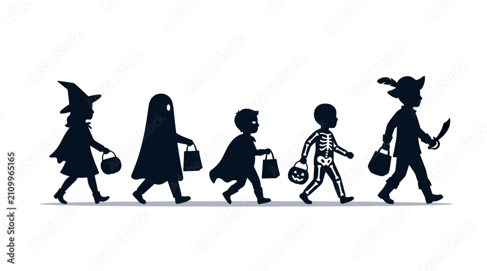 Obraz premium Children in Halloween Costumes Trick or Treating Silhouettes