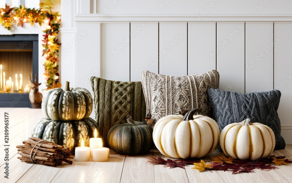 Obraz premium Cozy Autumn Decor with Pumpkins Candles and Fall Leaves in a Festive Living Room