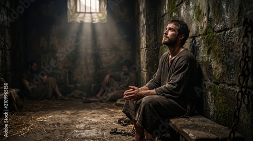 Man sitting in dark stone prison cell. Prisoner praying with hope in rays of light through small window. Historical setting of medieval dungeon. Captivity, struggle and faith concept.