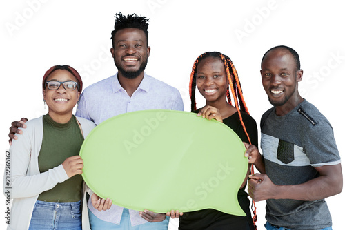 Young african american friends holding up copyspace placard thought bubbles