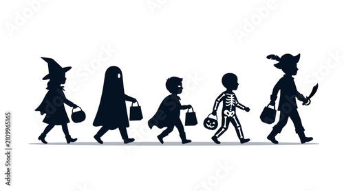 Children in Halloween Costumes Trick or Treating Silhouettes