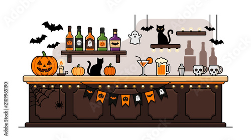 Halloween Bar Scene With Pumpkins Black Cats Bats And Drinks