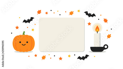 Cute Halloween Border With Pumpkin Candle Bats And Leaves