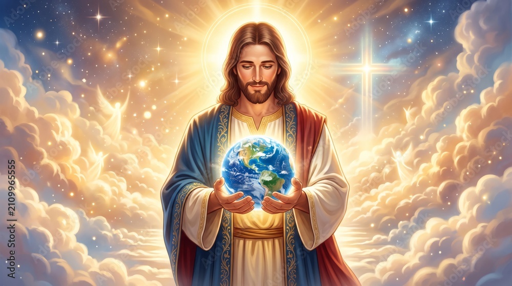 Obraz premium Jesus Christ holding earth in hand against divine sky with clouds and bright light. Biblical savior protecting planet. Religious concept of creation, faith, salvation and peace.