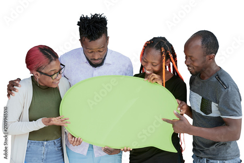 Young african american friends holding up copyspace placard thought bubbles
