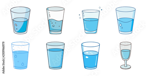Glass water levels illustration sequence - Simple illustration showing different water levels in glass cups for educational or design use.