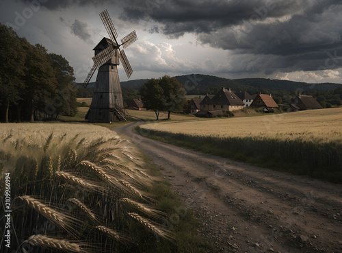 Country road leading to an old wooden windmill beside a peaceful village, heavy charcoal clouds overhead, wheat fields moving in the wind, moody lighting, highly detailed rural environment, unique com