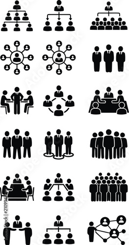 Collection of corporate organizational chart and business meeting icons