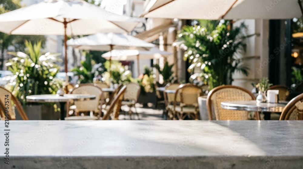 Fototapeta premium Outdoor Café Terrace with Umbrellas and Wicker Chairs for Lifestyle Photography