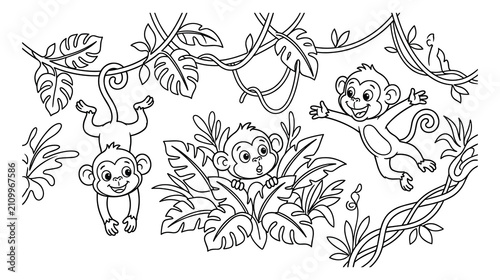 Canvas Print Coloring page for kids showing cute monkeys playing in jungle vines