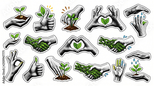 Bild auf Leinwand Pop art halftone collage sticker set featuring various hands planting, watering, and nurturing green plants