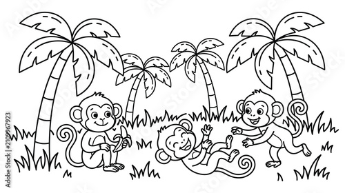 Sticker Coloring page with cute monkeys playing in tropical palm forest.