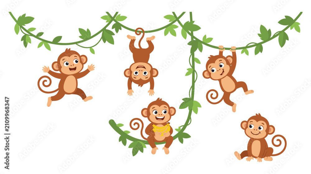 Fototapeta premium Group of cute cartoon monkeys playing on jungle vines with fruit.