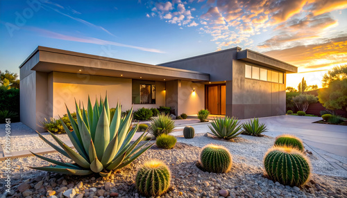 Modern drought tolerant front yard featuring gravel beds creating calm sustainable mood generative AI