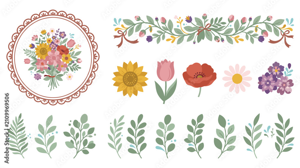 Fototapeta premium Floral design elements and botanical illustrations for decoration.