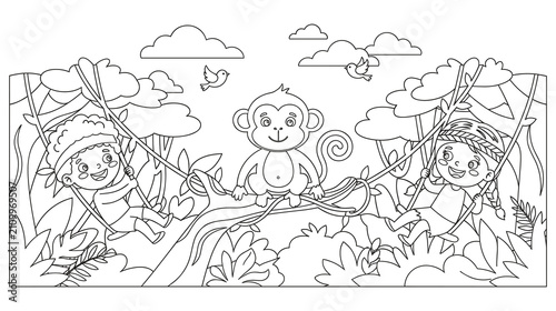 Photography Jungle scene with children swinging and monkey on tree.