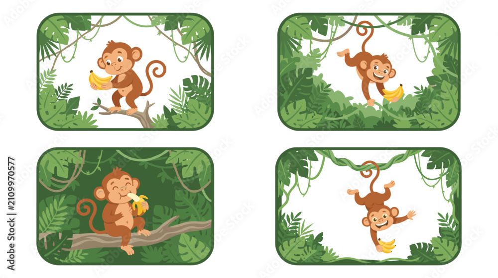 Fototapeta premium Cartoon monkey characters in jungle leaf frames eating bananas.
