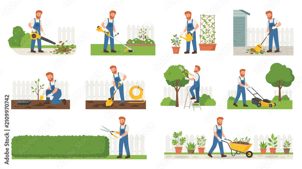 Fototapeta premium Male gardener performing various backyard maintenance activities.