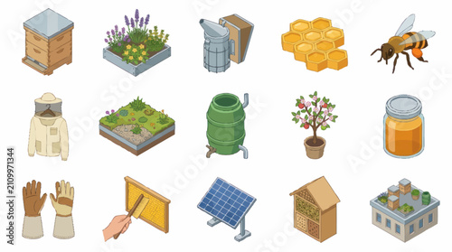 Foto Flat design icons of beekeeping and eco friendly living.