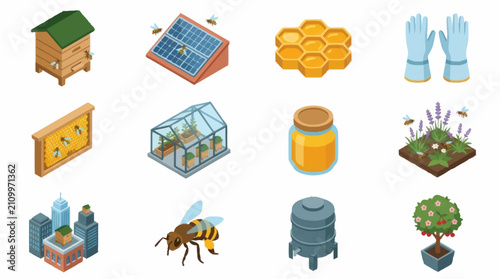 Foto Colorful flat design icons of beekeeping and gardening tools.