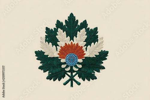Embroidered floral emblem with green leaves and colorful petals