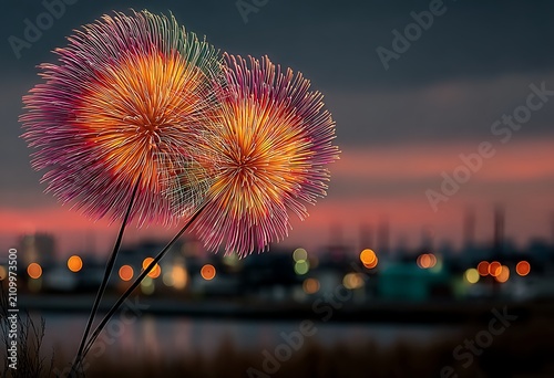 Glowing pink and orange dandelions against city lights at dusk