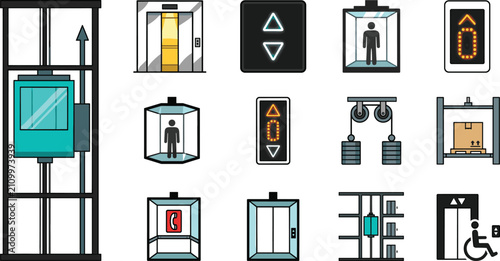 Elevator and lift system icon set featuring passenger freight accessibility control panels building transportation and vertical mobility vector collection