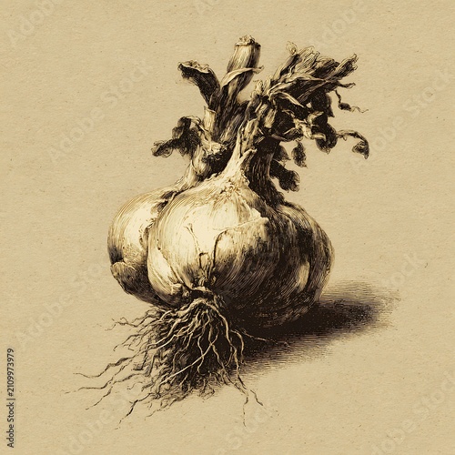 Large onion bulb with roots and green sprouts vegetable