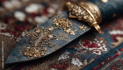 Ornate dagger with gold filigree on blue blade and handle on patterned rug knife