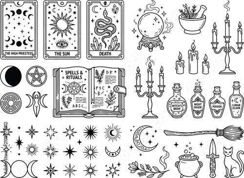 фотографія Witchcraft tarot vector set, magic spell book, crystal ball, potion bottles, can