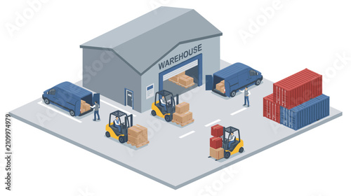 Warehouse logistics and delivery process with trucks and forklifts.