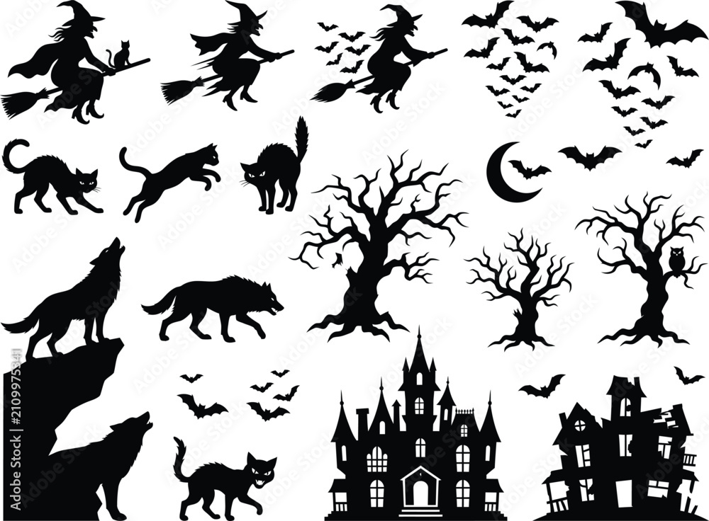 Fototapeta premium Halloween silhouette vector set, flying witch on broomstick, black cat, howling wolf, flying bats, haunted house, spooky tree clip art