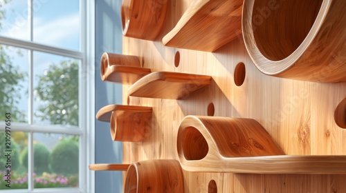 Modern wooden cat wall playground with shelves and curved structures