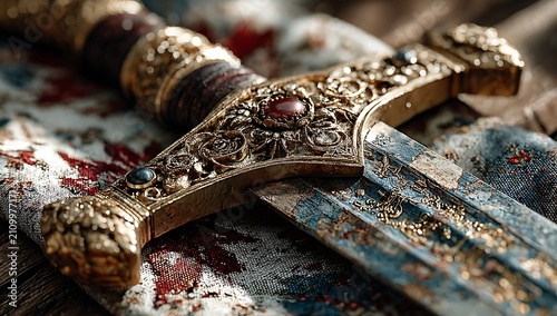 Ornate gold sword hilt with jewels on fabric