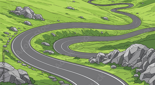 Beautiful winding mountain road curving gracefully through green hills and dark gray rocky natural landscapes.
