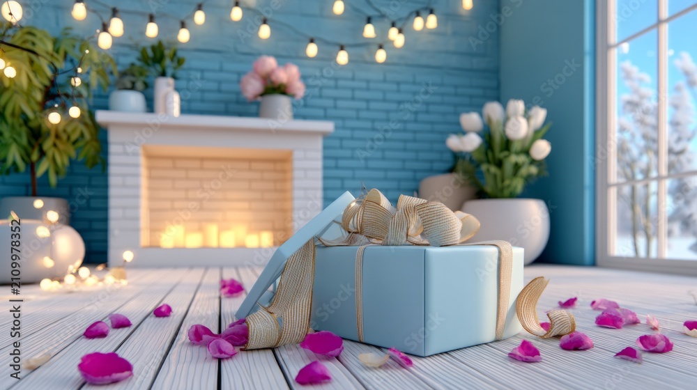 Obraz premium Elegant Blue Gift Box with Gold Ribbon by Fireplace in Cozy Room