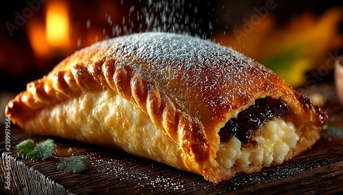 Powdered sugar on a cut calzone on wooden board pastry