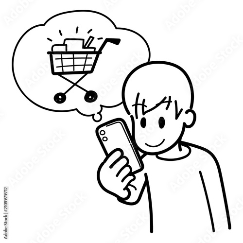 ネットで買い物する男性（色塗りなし、線のみ）