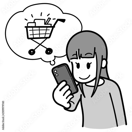 ネットで買い物する女性（色塗りあり、モノクロ）
