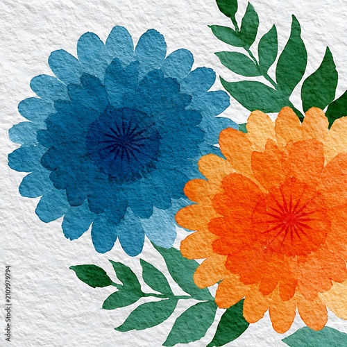 Watercolor flowers in blue and orange with green leaves on white background blue flower